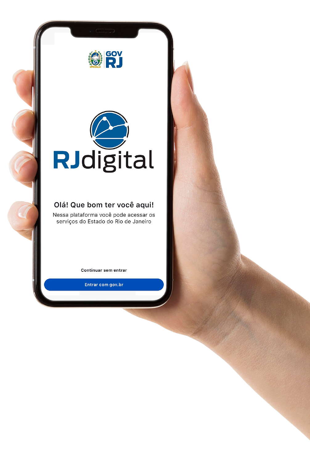 Mão segurando celular mostrando o aplicativo do RJ Digital na tela.