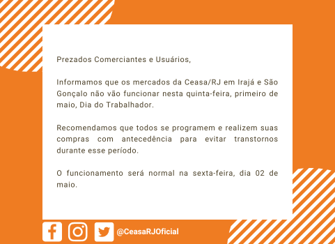 Mercados da Ceasa/RJ não funcionam no Dia do Trabalhador