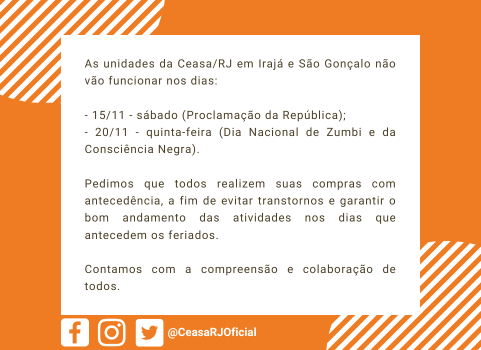Ceasa de Irajá e São Gonçalo não vão funcionar nos feriados de novembro