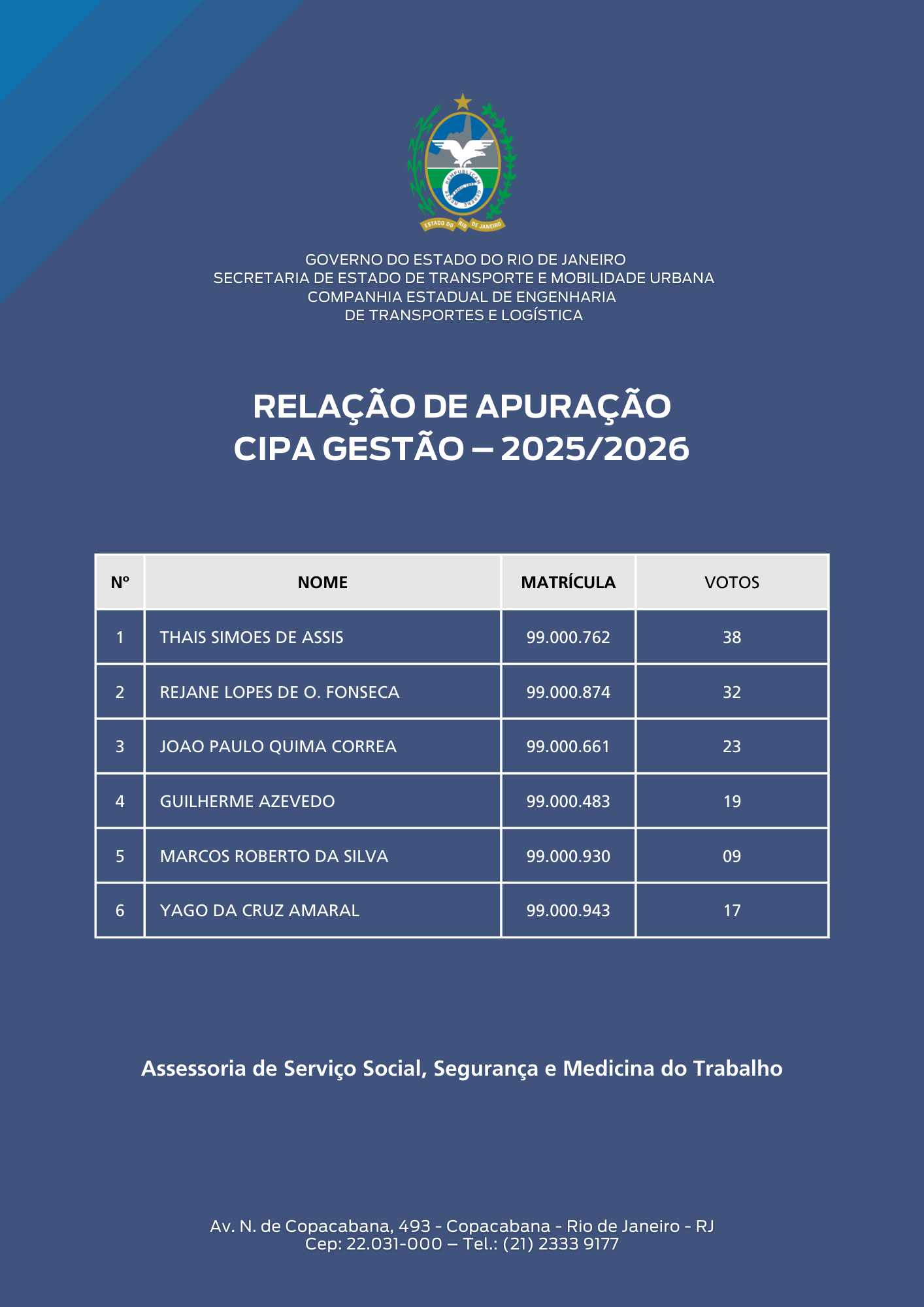 RELAÇÃO DE APURAÇÃO CIPA GESTÃO - 2025/2026