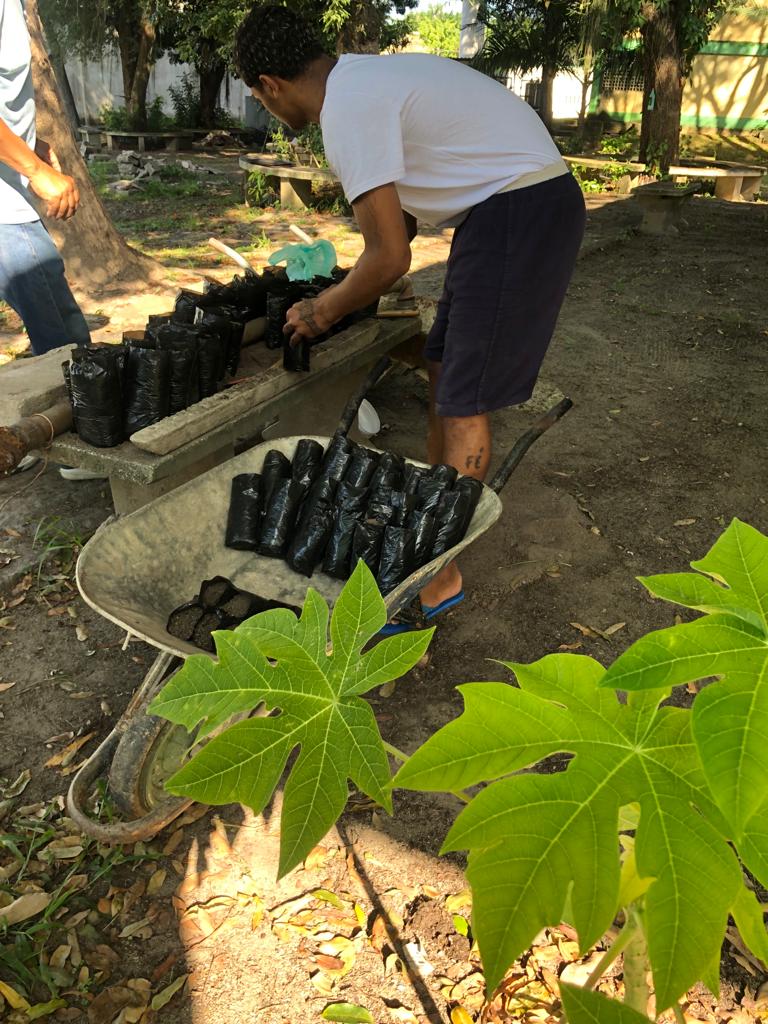 Adolescente realizando o plantio de semente no Cense Maria Luiza