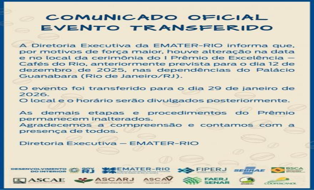 Final do I Prêmio de Excelência - Cafés do Rio é adiada