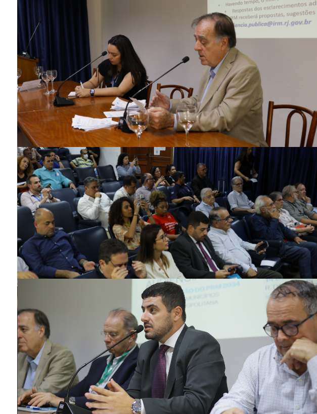 Três fotos em sequencia vertical, na primeira temos o presidente da audiencia pública, o engeheiro do IRM Jorge Cunha junto com a secretaria da Audiencia, Priscila Abrahão na mesa da Audiencia, na segunda foto temos o público presente na audiencia, a terceira foto temos a mesa principal da audiencia com o chefe de gabinete, Joaquim Portella em seu discurso
