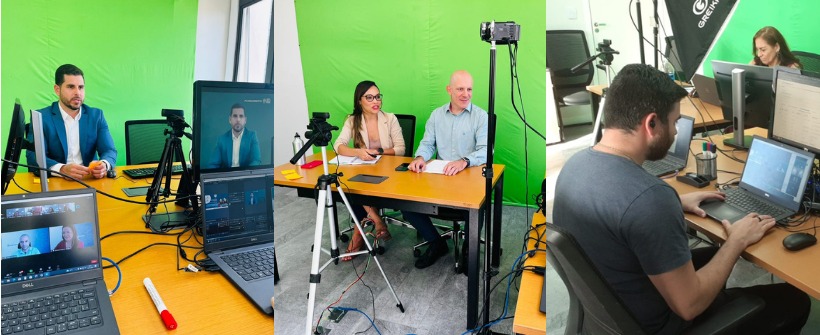 Três fotos com pessoas sendo filmadas para curso online. 