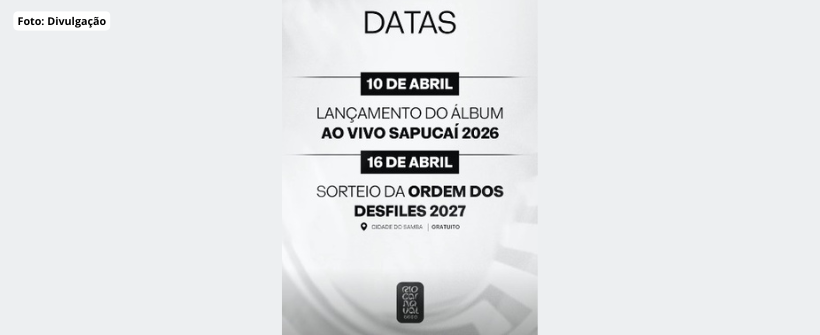 Rio Carnaval confirma a agenda dos próximos eventos do Grupo Especial a Cidade do Samba. O Grupo Especial do carnaval do Rio informou a agenda dos próximos eventos com o lançamento do álbum dos sambas ao vivo, para 10 de abril e a data do sorteio com a ordem dos desfiles no dia 16 de abril a noite na Cidade do Samba a partir das 19 horas. Foto: Divulgação.