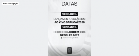Rio Carnaval confirma a agenda dos próximos eventos do Grupo Especial a Cidade do Samba. O Grupo Especial do carnaval do Rio informou a agenda dos próximos eventos com o lançamento do álbum dos sambas ao vivo, para 10 de abril e a data do sorteio com a ordem dos desfiles no dia 16 de abril a noite na Cidade do Samba a partir das 19 horas. Foto: Divulgação.