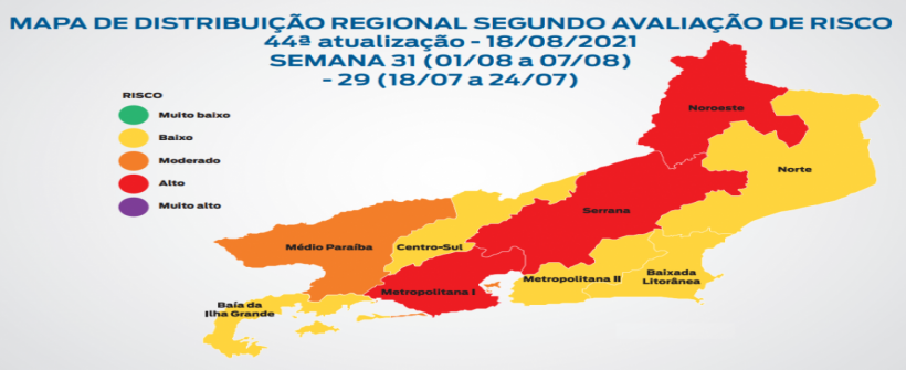 Mapa de Risco Covid-19: indicadores epidemiológicos estão em queda, mas com tendência de alta em algumas regiões do estado do Rio de Janeiro