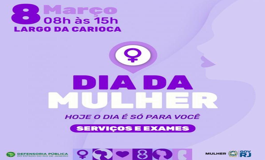 banner de fundo lilás com a frase: 8 de março de 8 às 15 horas, no largo da carioca, dia da mulher