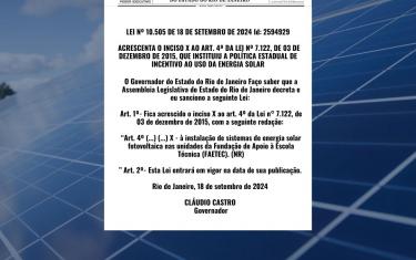 Governador aprova lei que permite instalação de sistema fotovoltaico para geração de eletricidade nas Unidades da FAETEC